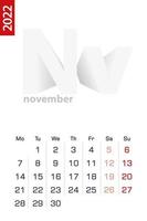 Minimalist calendar template for November 2022, vector calendar in English.