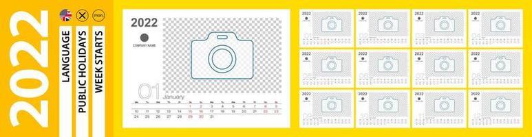 Desk Calendar for 2022 year, Monthly calendar with place for photo. Week starts on Monday. vector