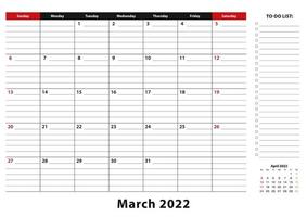 marzo de 2022 calendario mensual de bloc de escritorio la semana comienza en domingo, tamaño a3. vector