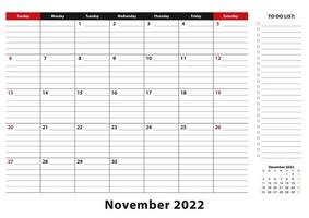 November 2022 Monthly Desk Pad Calendar week starts from sunday, size A3. vector