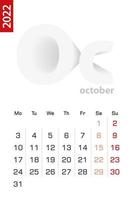 Minimalist calendar template for October 2022, vector calendar in English.