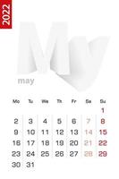 Minimalist calendar template for May 2022, vector calendar in English.