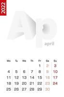Minimalist calendar template for April 2022, vector calendar in English.