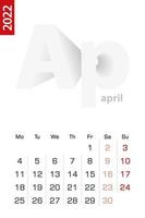 plantilla de calendario minimalista para abril de 2022, calendario vectorial en inglés. vector