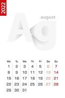 Minimalist calendar template for August 2022, vector calendar in English.