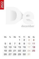 Minimalist calendar template for December 2022, vector calendar in English.