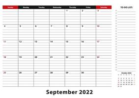 septiembre de 2022 calendario mensual de bloc de escritorio la semana comienza en domingo, tamaño a3. vector