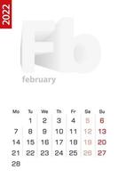 Minimalist calendar template for February 2022, vector calendar in English.