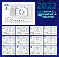 Desk calendar 2022, 2 week grid in English. Place for photo for illustration. vector