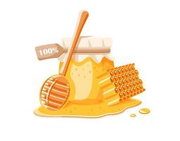 Glass pot with honey, spoon with drips honey and honeycomb vector