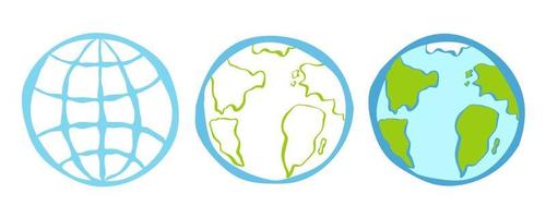 Vector set icons of a globe in hand drawing style. Vector illustration of planet of Earth.