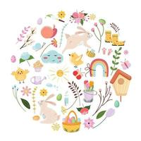 Cute Easter spring elements. Hand drawn colorful circle pattern with eggs, cute birds, bunnies, flowers, rainbows. Flat design elements in circle for Easter. For any decorative projects. vector