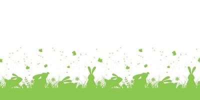 Seamless green horizontal pattern with Easter bunnies and eggs on white background. For textiles, wallpaper, wrapping paper, window decoration, banners. Vector pattern.