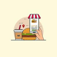 ilustración para comprar comida y bebida en línea con el concepto de teléfono inteligente. vector de diseño con estilo plano