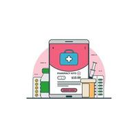 ilustración para comprar medicina en línea o farmacia con concepto de teléfono inteligente. vector de diseño con estilo plano