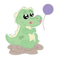 pequeño dragón kawaii con un globo - vector