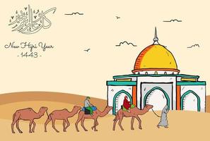 Vector illustration of happy new Hijri year 1443 with single line. Happy Islamic New Year. Graphic design for the certificates, banners and flyer. translate from arabic  happy new hijri year 1443