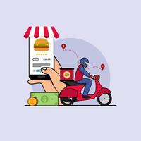 Illustration to find food delivery concept with smartphone maps gps location. Design vector with flat style