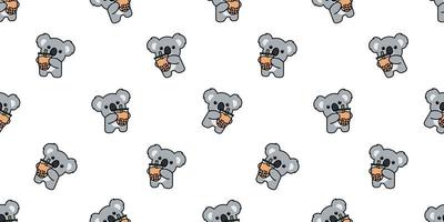 Cute koala with bubble tea cartoon seamless pattern, vector illustration