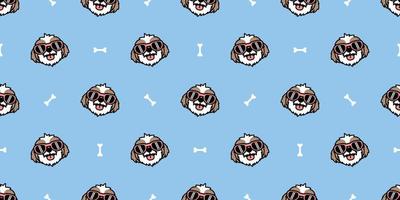 Cute shih tzu dog with sunglasses cartoon seamless pattern, vector illustration