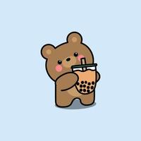 Cute bear with bubble tea cartoon, vector illustration