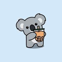 Cute koala with bubble tea cartoon, vector illustration