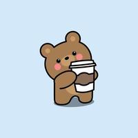 lindo oso con taza de café de dibujos animados, ilustración vectorial vector