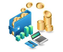 Flat isometric concept illustration. Money is stored in the wallet vector