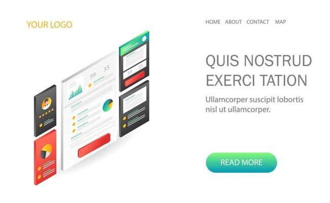 Landing page concept flat isometric illustration. investment business analysis data monitoring