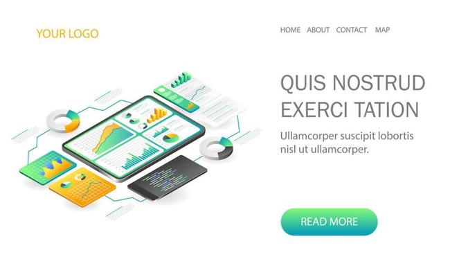 Landing page concept flat isometric illustration. central data analysis monitoring