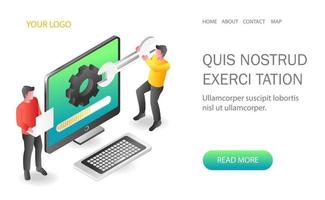 Landing page concept flat isometric illustration. two men data monitoring and web app maintenance upgrade vector