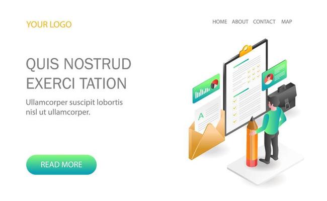 Landing page concept flat isometric illustration. put a tick in the online registration
