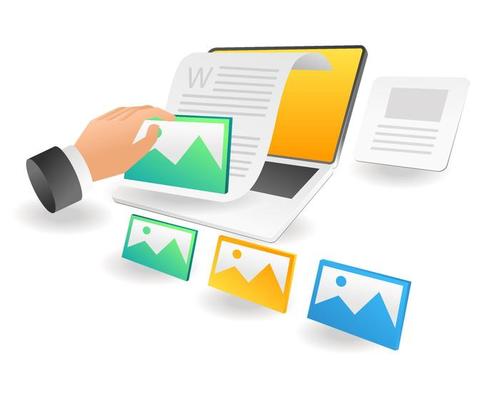 Flat isometric illustration landing page concept. put an image portfolio in the content blog article