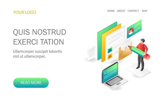 Landing page concept flat isometric illustration. a creative content blogger