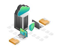 concepto de página de destino ilustración isométrica plana. seguridad de entrega de datos del servidor en la nube vector