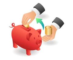 Flat isometric concept illustration. Hands keep money in piggy bank vector