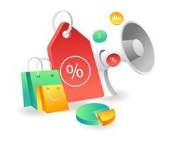 Flat isometric concept illustration. big shopping discount campaign vector