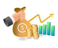 ilustración de concepto isométrico plano. manos sosteniendo sacos de dinero de inversiones comerciales vector