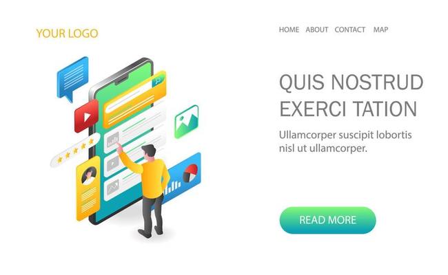 Landing page concept flat isometric illustration. man using smartphone app