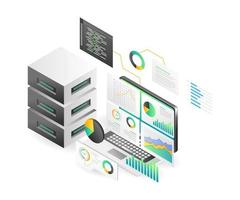 concepto de página de destino ilustración isométrica plana. servidor en la nube transformación analista digital monitoreo de datos vector