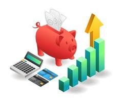 Flat isometric concept illustration. piggy bank investment analysis vector