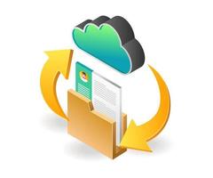 Flat isometric illustration landing page concept. data folder storage on cloud server vector