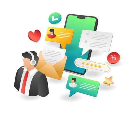 Flat isometric concept illustration. customer service discussion with smartphone