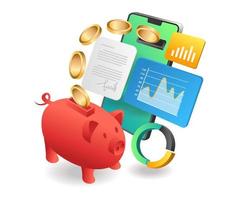 Flat isometric concept illustration. smartphone put money into piggy bank analyst vector