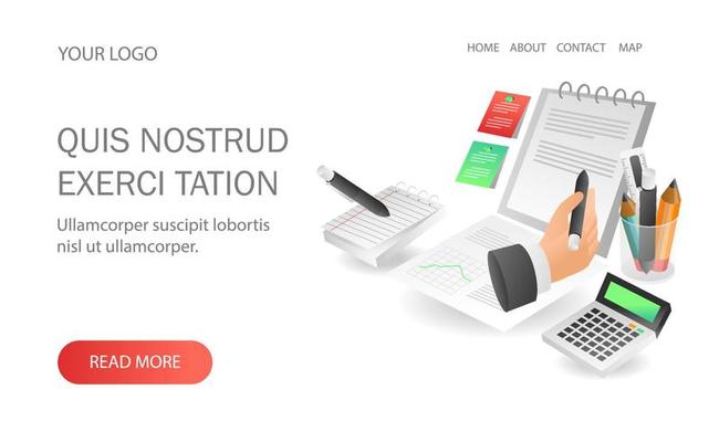 Landing page concept flat isometric illustration. note creative information