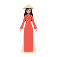 Beautiful Vietnamese woman in traditional clothes and headdress. People of Vietnam. Vector symbol in flat style. Asian girl in long dress.