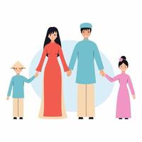 Happy family from Vietnam holding hands. Vietnamese children. Asian people in traditional clothes. vector