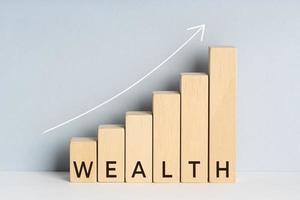 Wealth concept. Wooden block bar chart graph with text and upward trend line drawn on background. Copy space photo
