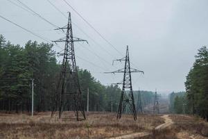 líneas eléctricas de alta tensión que atraviesan el área forestal. foto