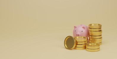 Pink piggy bank and golden coins stack on yellow background. Saving money and Financial planning concept. 3D rendering. photo